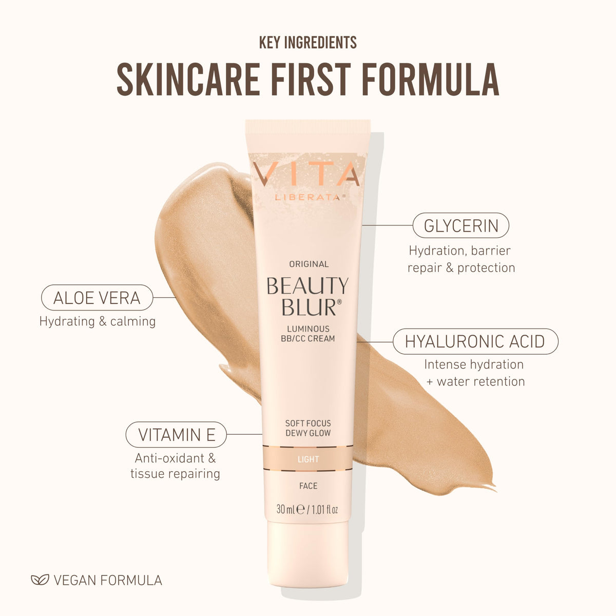 VITA LIBERATA ingredient label detail emphasizing hydrating, skin-friendly formula