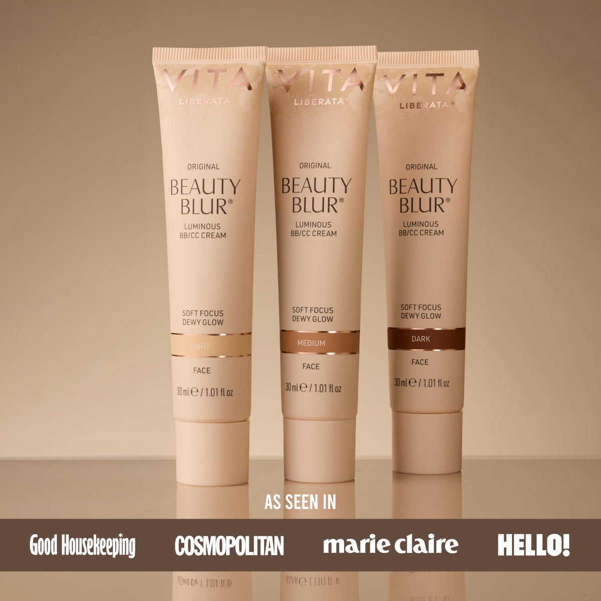 VITA LIBERATA on a vanity in lifestyle scene conveying everyday radiant skin