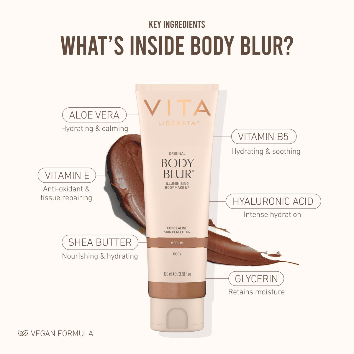 VITA LIBERATA bottle label highlighting organic glycerin and shea benefit