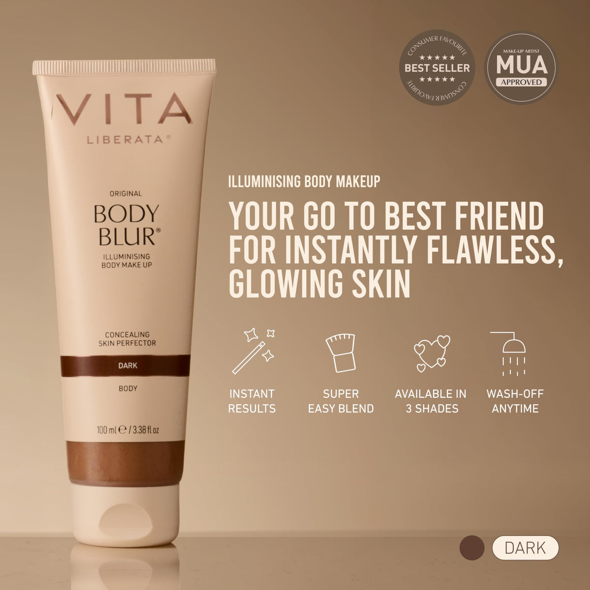 VITA LIBERATA texture swatch on arm showing blendable bronze finish