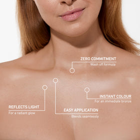 Vita Liberata close-up on décolleté showing even tone and subtle radiance advantage
