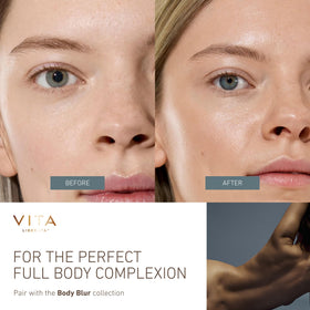 Vita Liberata lifestyle evening look on model showing radiant skin for event-ready benefit