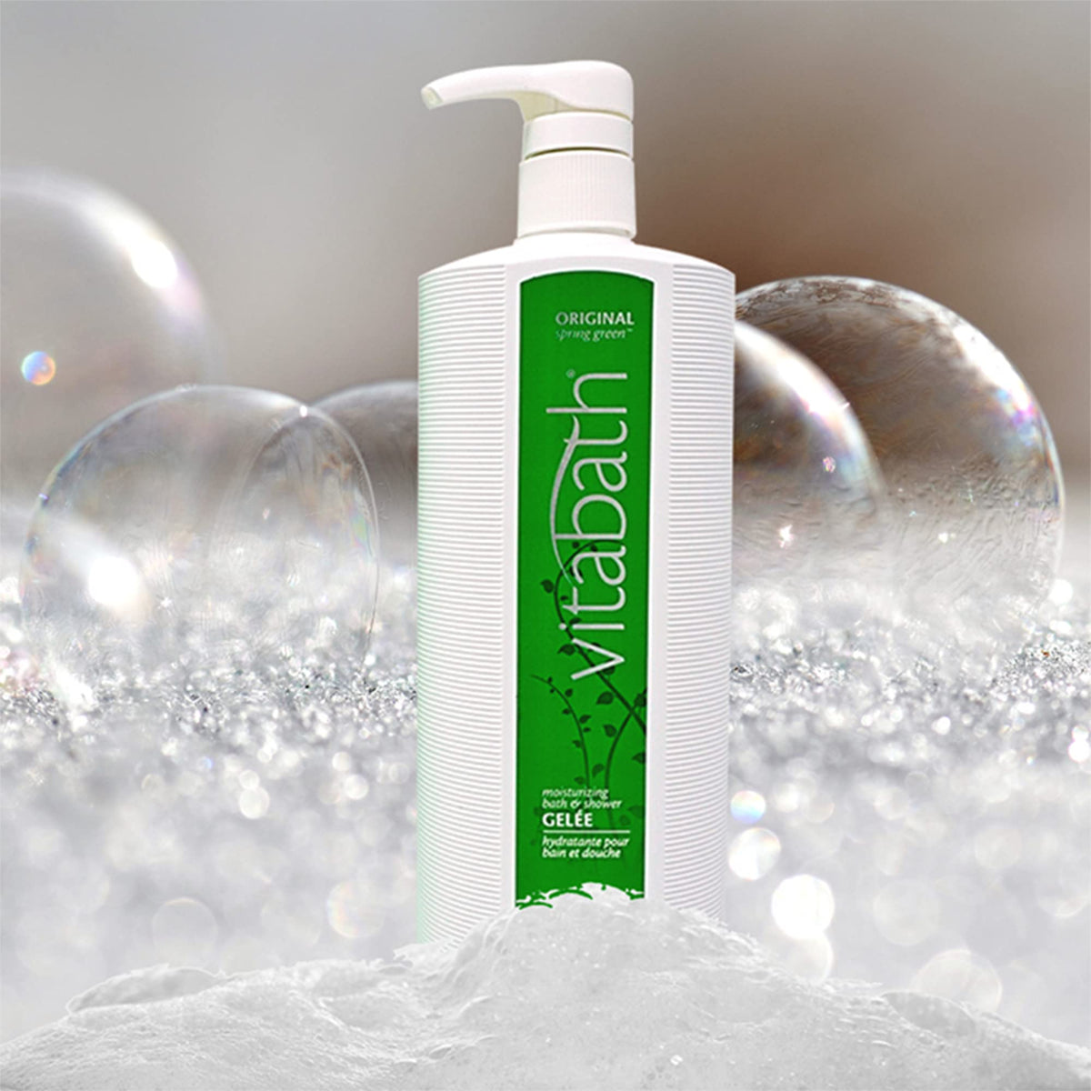 Vitabath in bathtub with bubbles illustrating relaxing soak and aromatic benefit