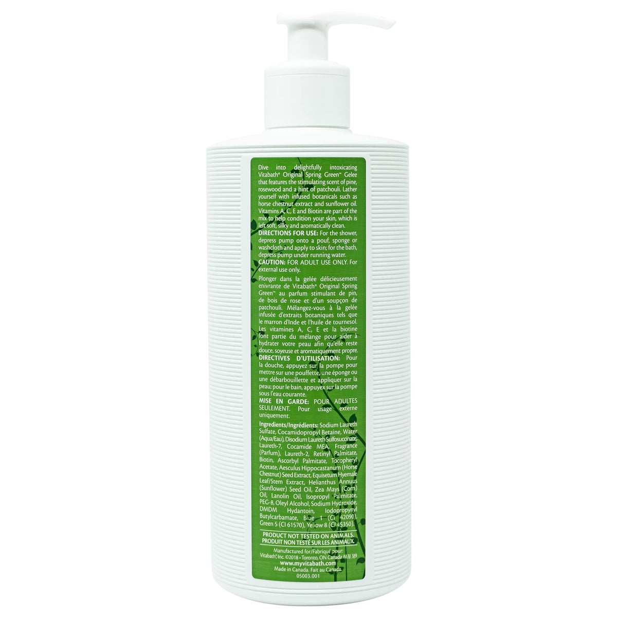 Vitabath back panel displaying directions and ingredient clarity benefit