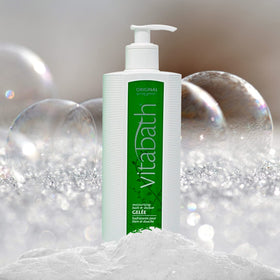 Vitabath pump dispensing gel showcasing easy one-handed use benefit