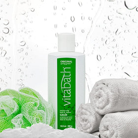 Vitabath gel texture and foam closeup highlighting moisturizing feel