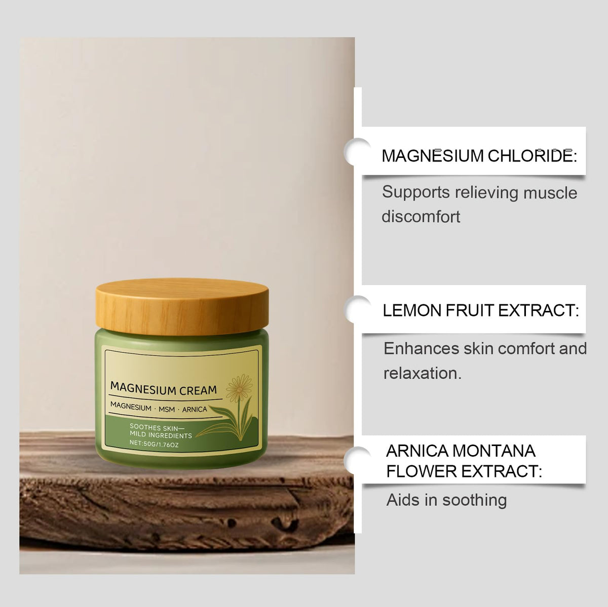 Vitacamy ingredients display with arnica MSM and magnesium benefits