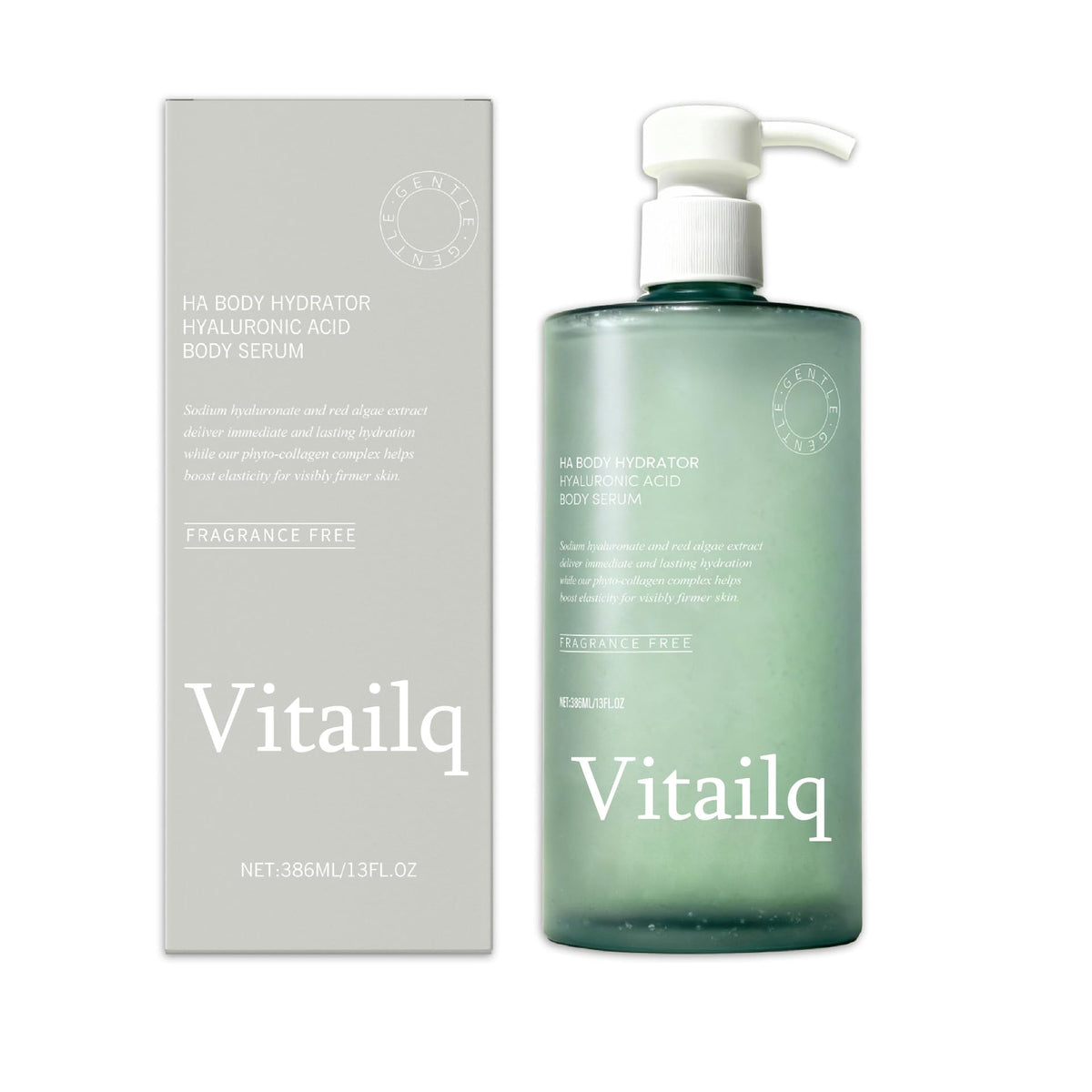 Vitailq front bottle view showing label and 386ml volume, clear hydration benefit