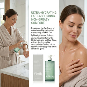 Vitailq bottle on bathroom shelf in lifestyle scene, showing daily routine fit