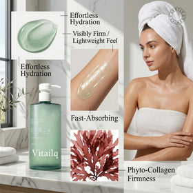 Vitailq dispensing pump releasing serum, demonstrating fast application benefit