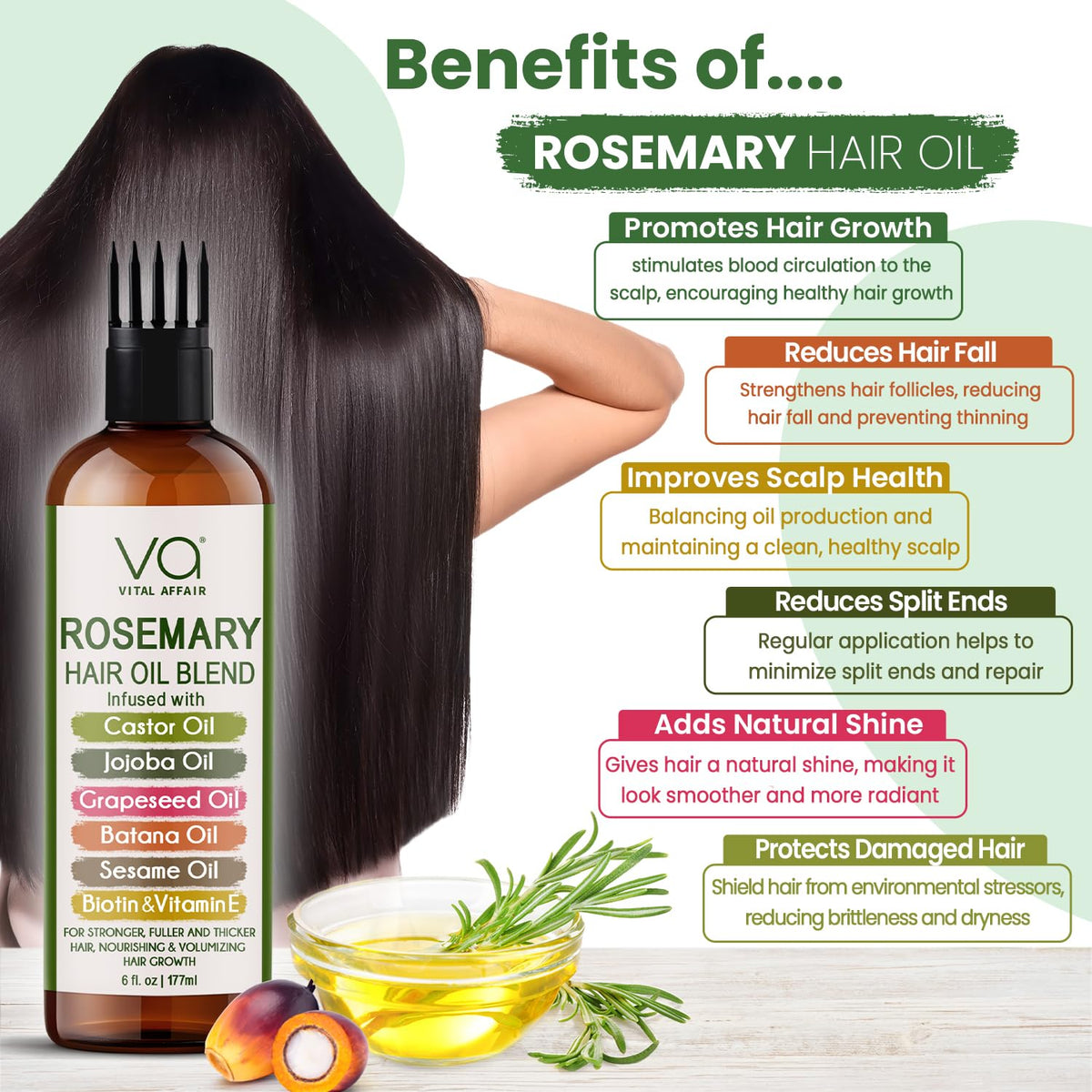 Vital Affair bottle with raw botanicals flatlay illustrating natural oil sources