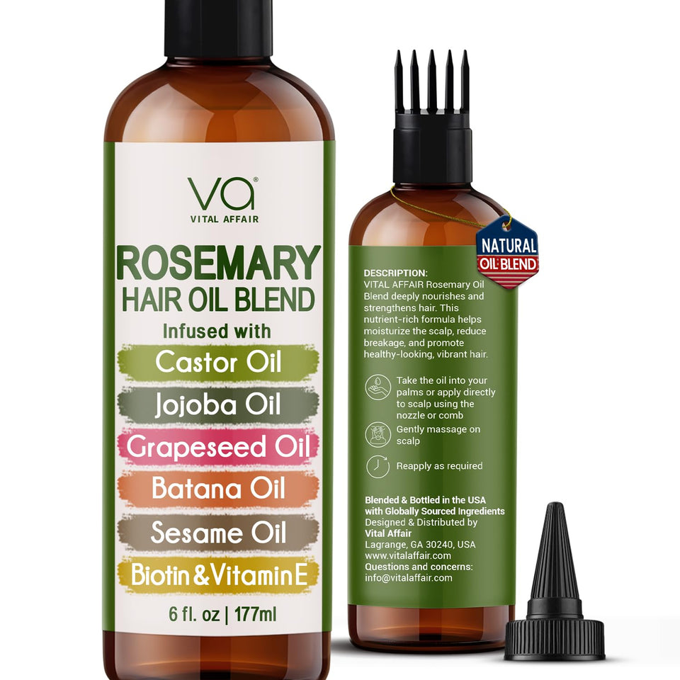 Vital Affair bottle front view showing rosemary oil blend and clear labeling benefit
