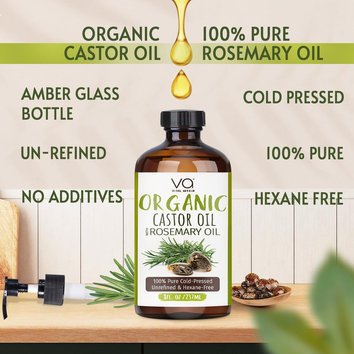 VITAL AFFAIR label close-up with rosemary ingredient and purity benefit