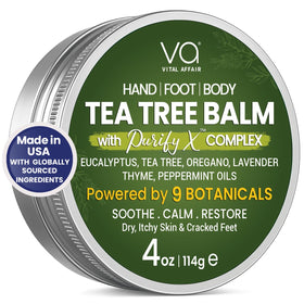 VITAL AFFAIR tin front view showing clearly labeled tea tree balm benefit