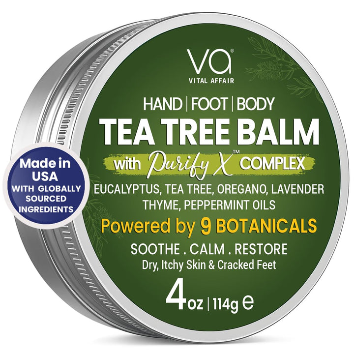 VITAL AFFAIR tin front view showing clearly labeled tea tree balm benefit