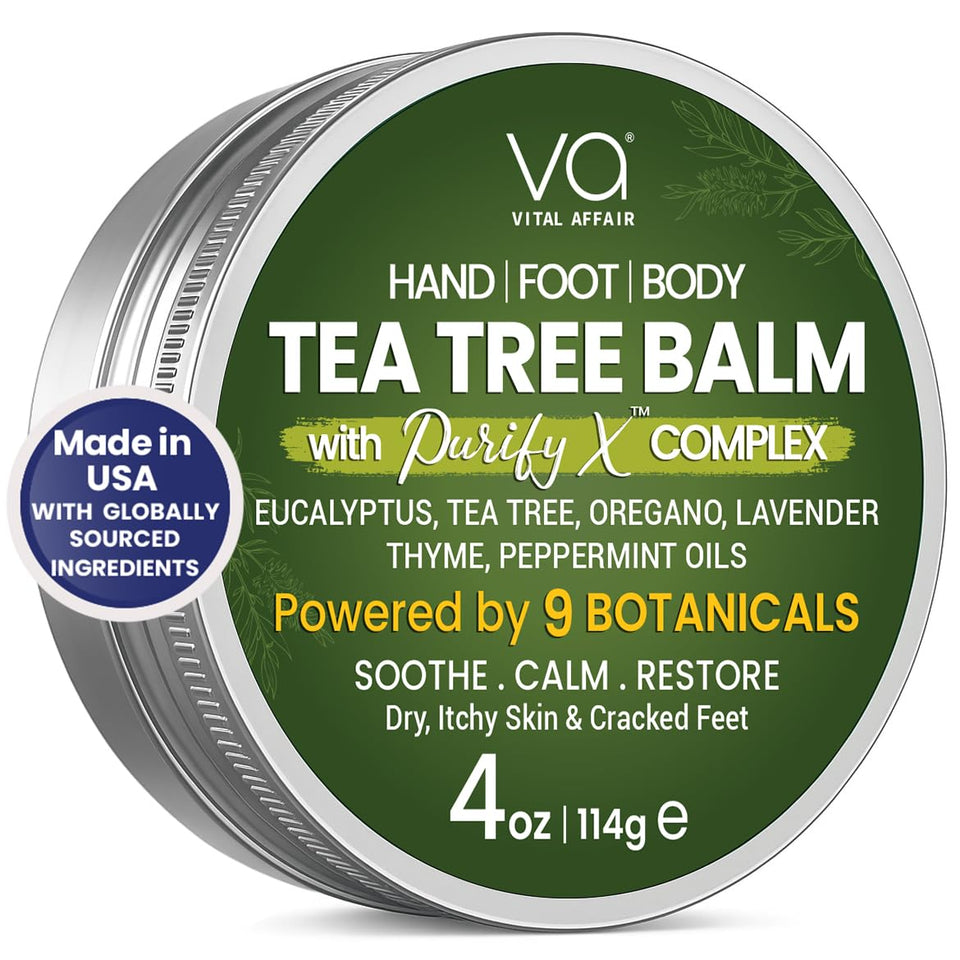 VITAL AFFAIR tin front view showing clearly labeled tea tree balm benefit