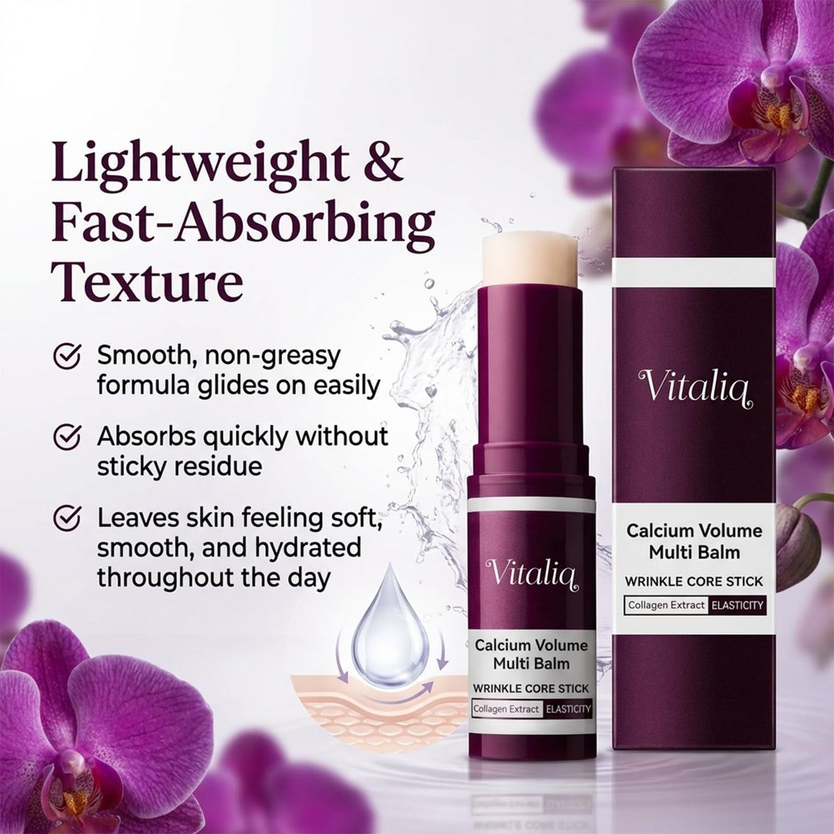Vitaliq balm texture close-up illustrating smooth finish and fast absorption