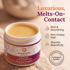 Vitality balm size comparison with coin highlighting travel-friendly 2 oz portability