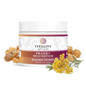 Vitality balm tin front view showing compact 2 oz container and label benefit