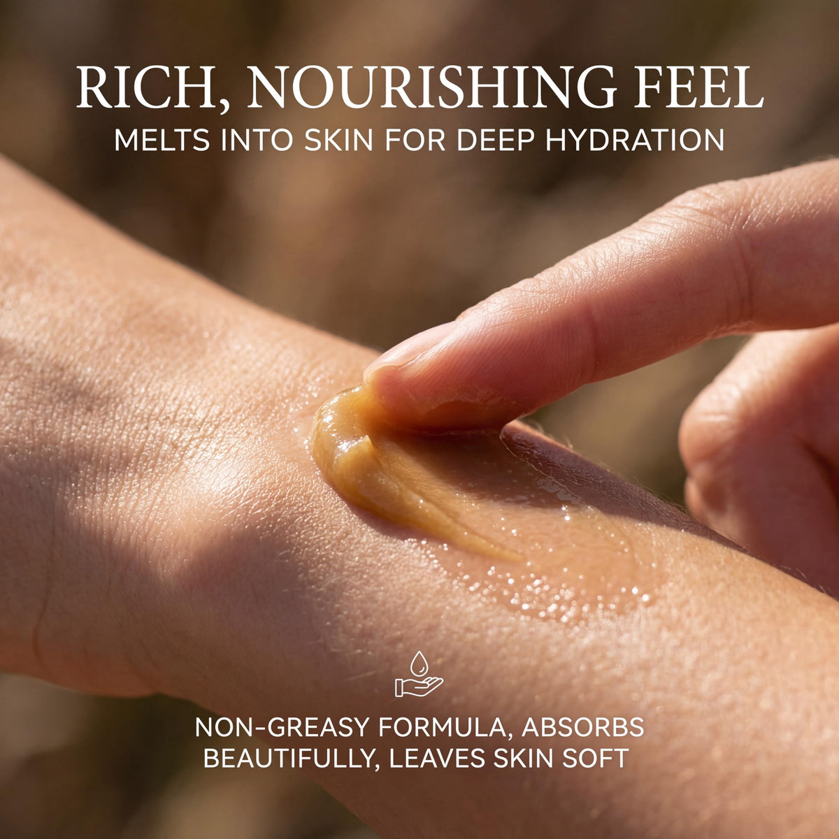 Vitality frankincense balm on elbow closeup illustrating healed, smoother skin after targeted use