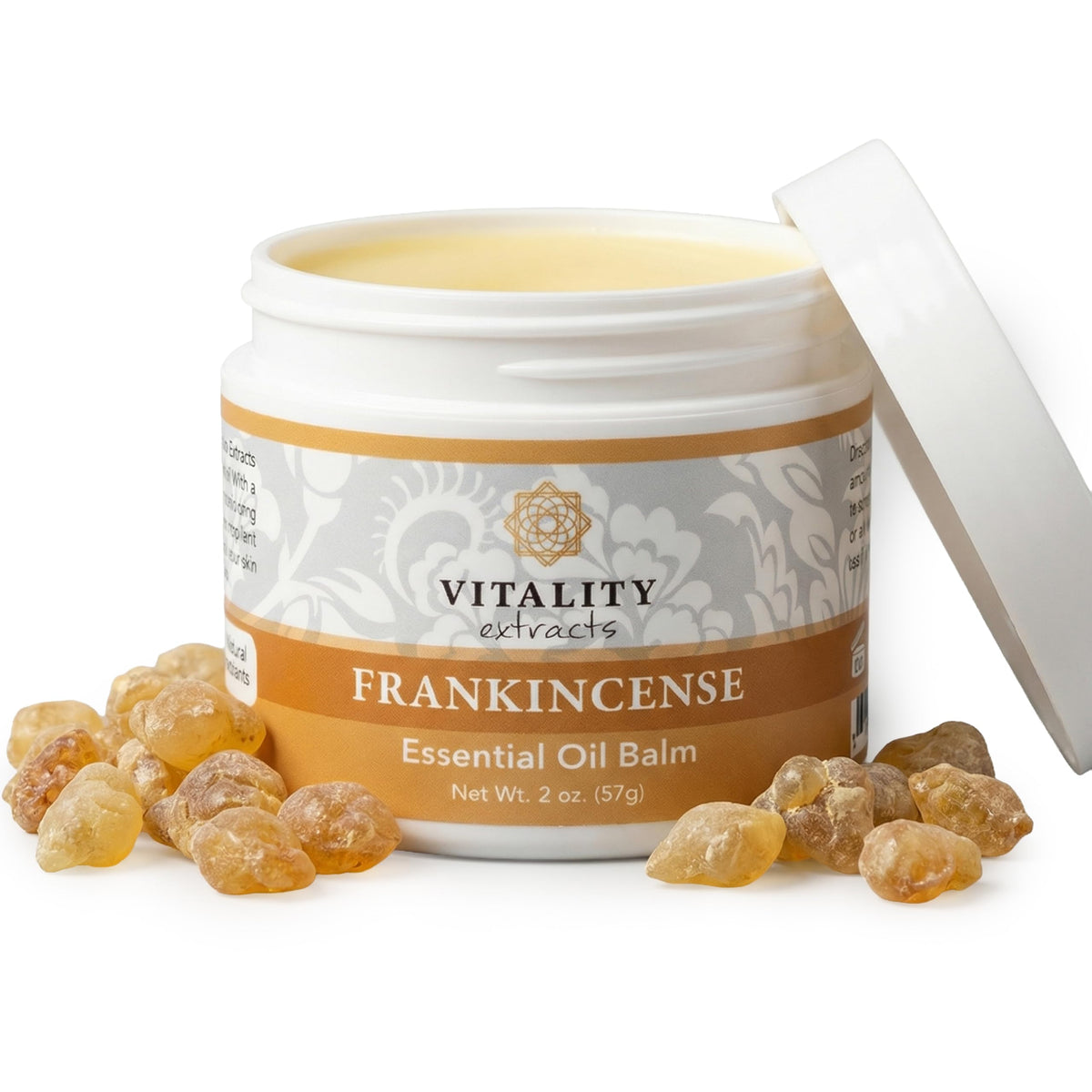 Vitality front jar view showing frankincense balm and compact packaging for travel