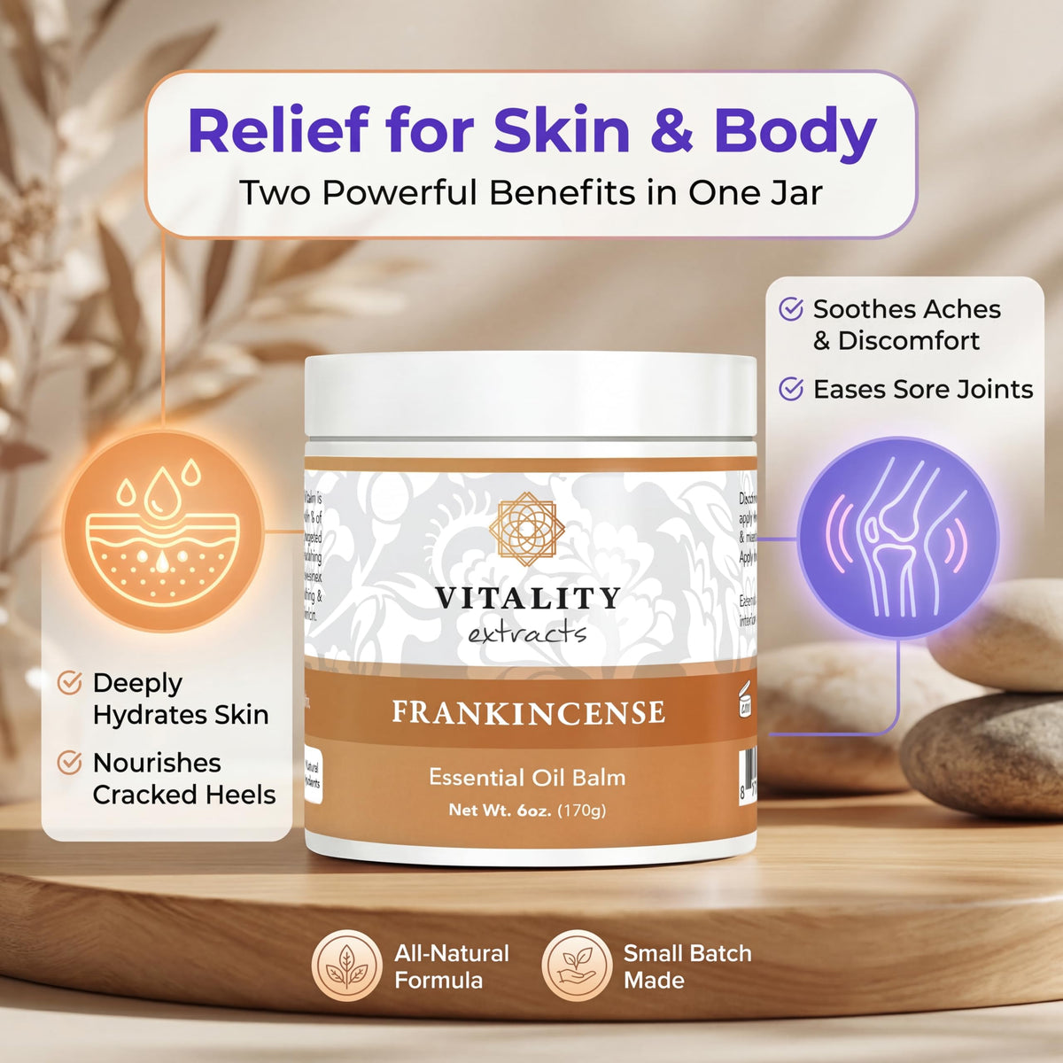 Vitality frankincense balm applied to hands demonstrating moisturizing action for dry skin relief