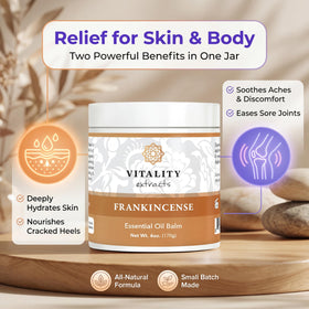 Vitality frankincense balm applied to hands demonstrating moisturizing action for dry skin relief