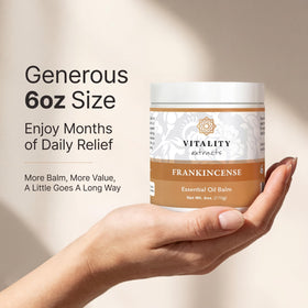 Vitality frankincense balm ingredients label highlighting beeswax and botanical oils for informed shoppers