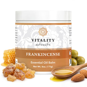 Vitality frankincense balm jar front showing label and size benefit: clear identification and generous 6oz supply