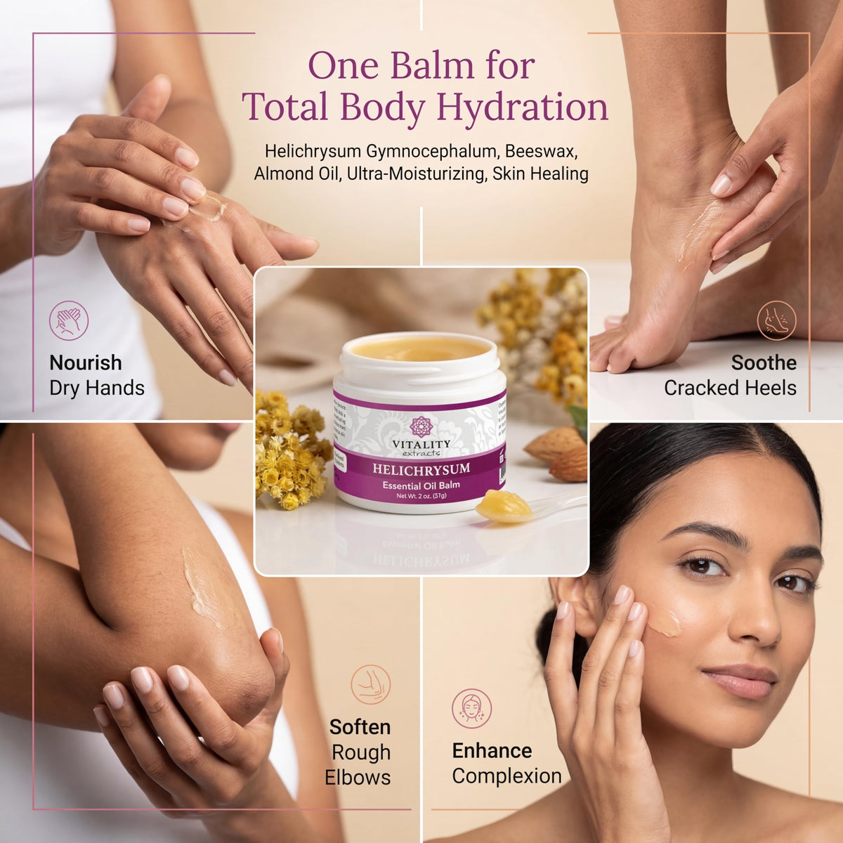 vitality balm being applied to hand to hydrate dry skin quickly
