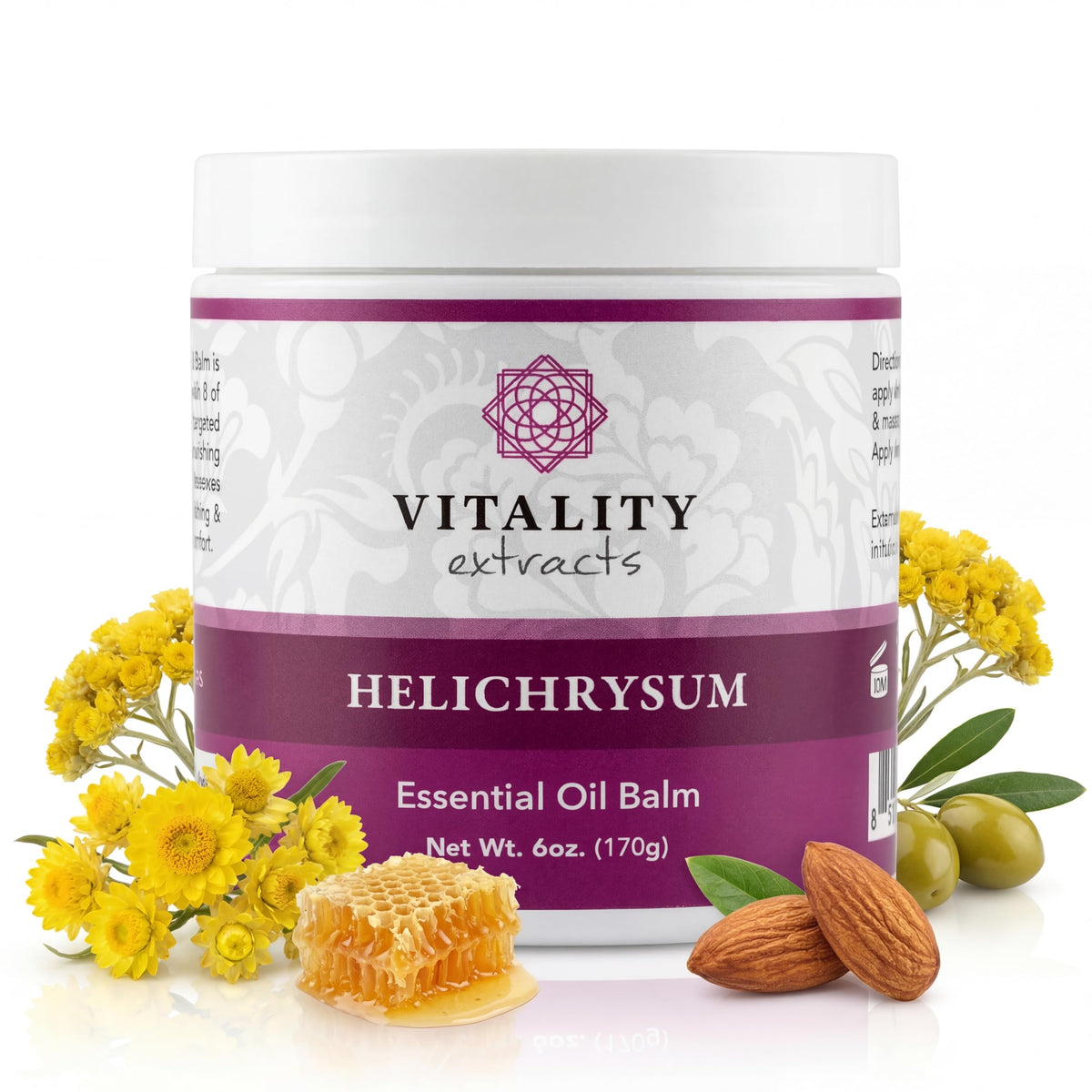 Vitality front packaging showing 6oz balm and clear labeling, promotes easy identification