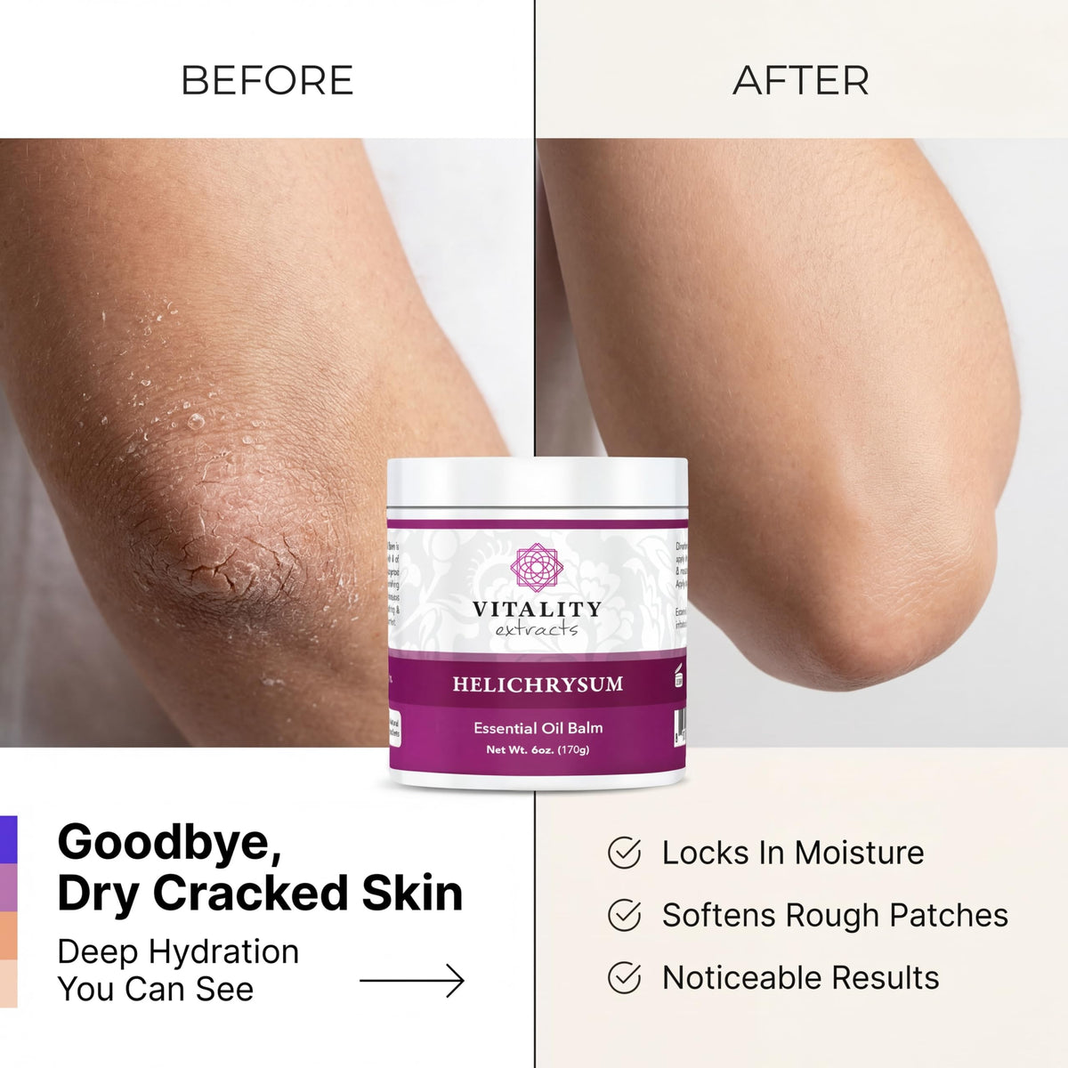 Vitality balm being applied to hands, demonstrates deep hydration and smooth finish
