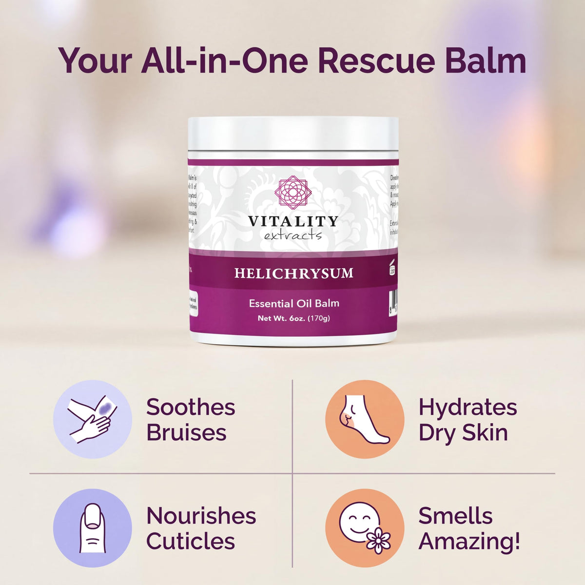 Vitality ingredients display with beeswax and almond oil, emphasizes natural formulation