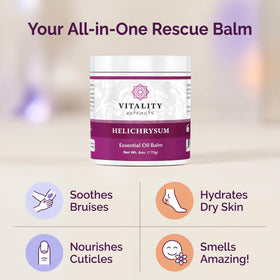 Vitality ingredients display with beeswax and almond oil, emphasizes natural formulation