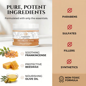 Vitality beeswax and olive oil ingredients staged to show natural nourishing components