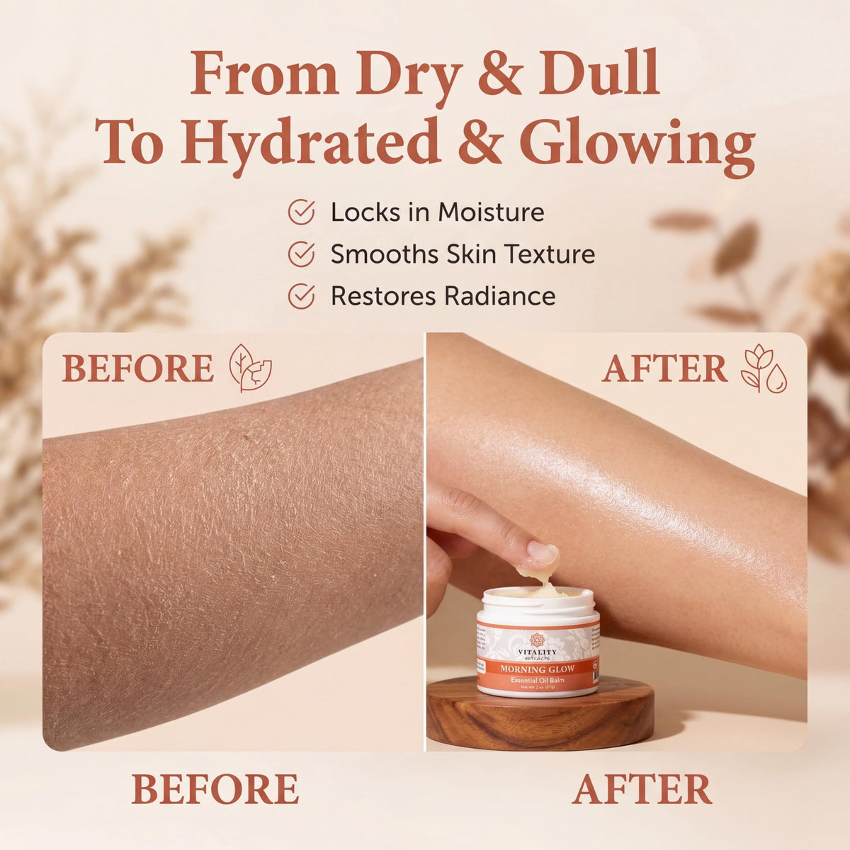 Vitality balm applied to hand demonstrating spreadability and non-greasy finish