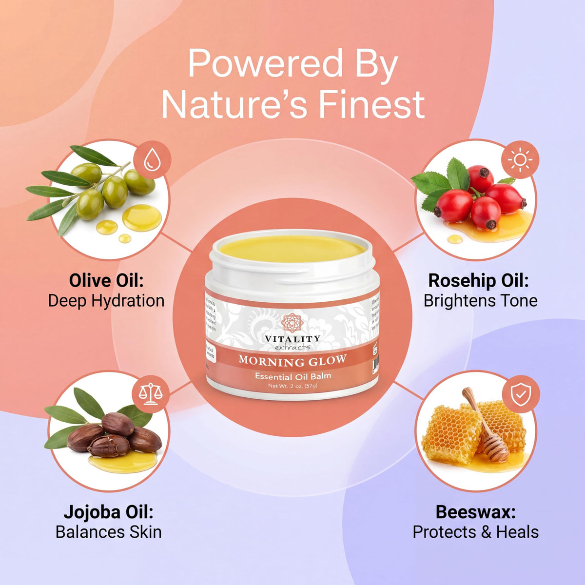 Vitality open balm texture close-up, smooth beeswax blend for instant melt
