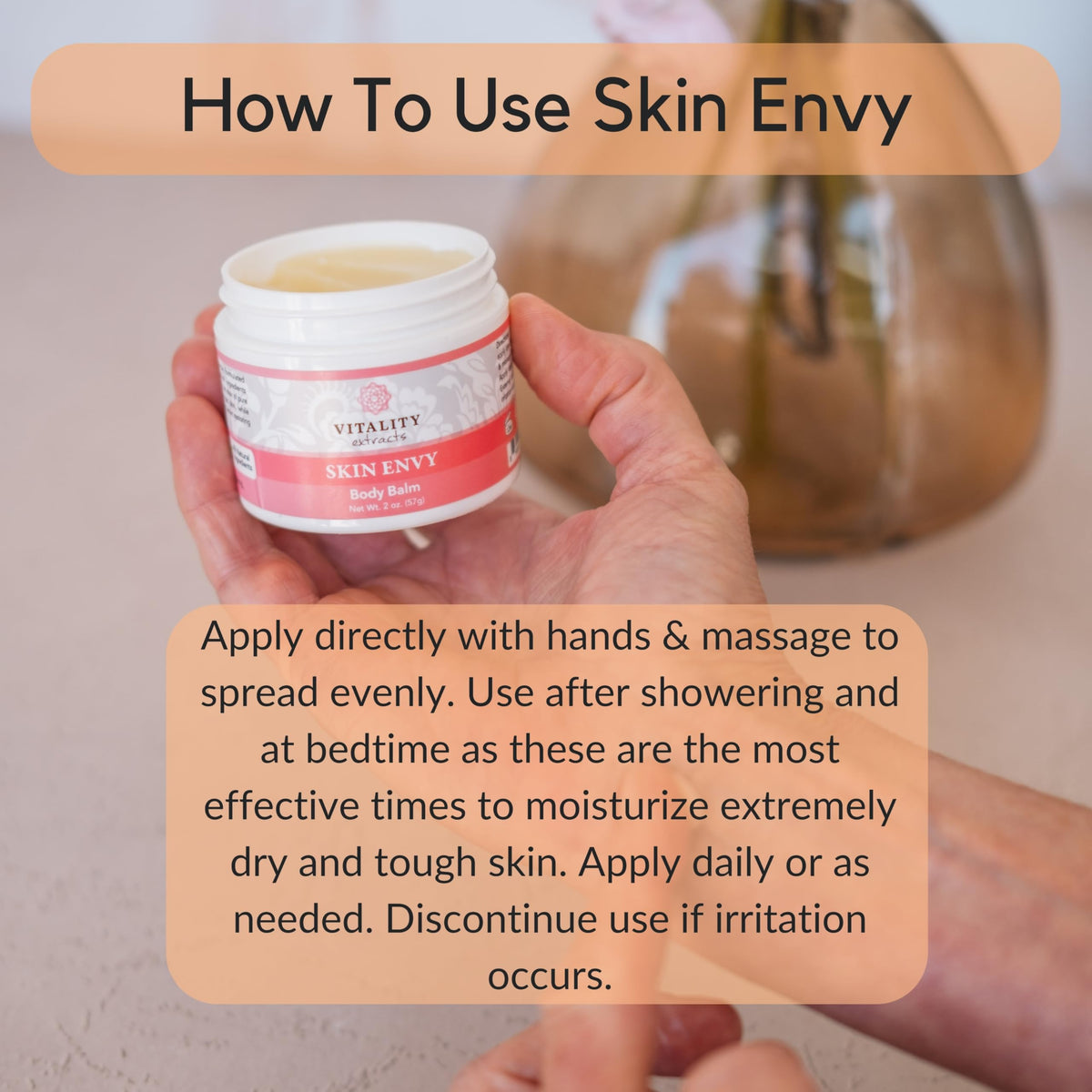 Vitality Skin Envy with essential oil bottles emphasizing botanical scent and calming effect
