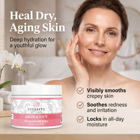 Vitality Skin Envy ingredients display with coconut, nuts, and beeswax for natural nourishment