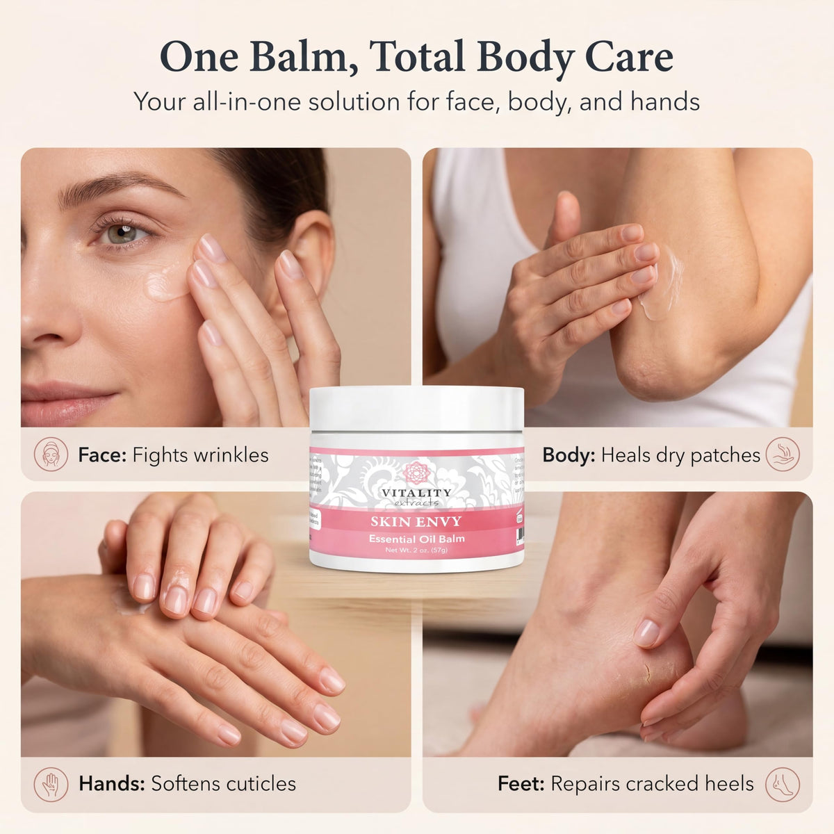 Vitality Skin Envy open jar texture close-up revealing creamy balm for easy spread