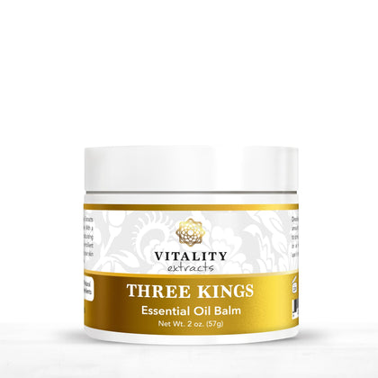 Vitality Three Kings Balm front tin showing branding and compact size for travel