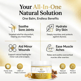 Close-up of Vitality Three Kings Balm label highlighting natural ingredients and clarity