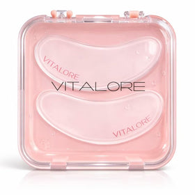 Vitalore front packaging showing reusable silicone under-eye patches and benefits