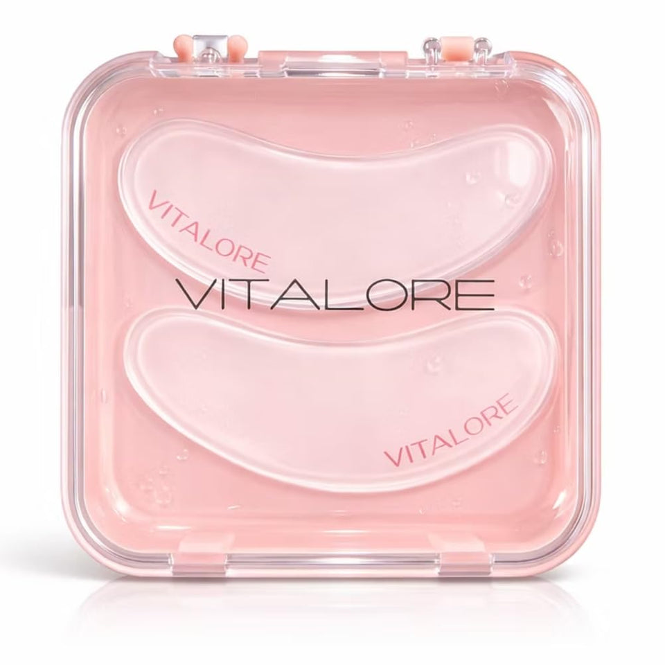 Vitalore front packaging showing reusable silicone under-eye patches and benefits