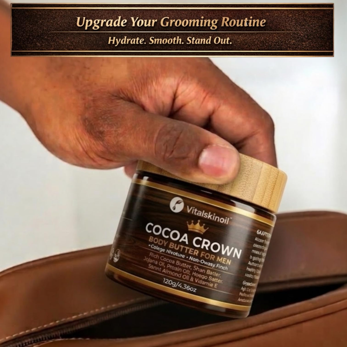 VITALSKINOIL wooden lid detail emphasizing premium packaging and secure closure