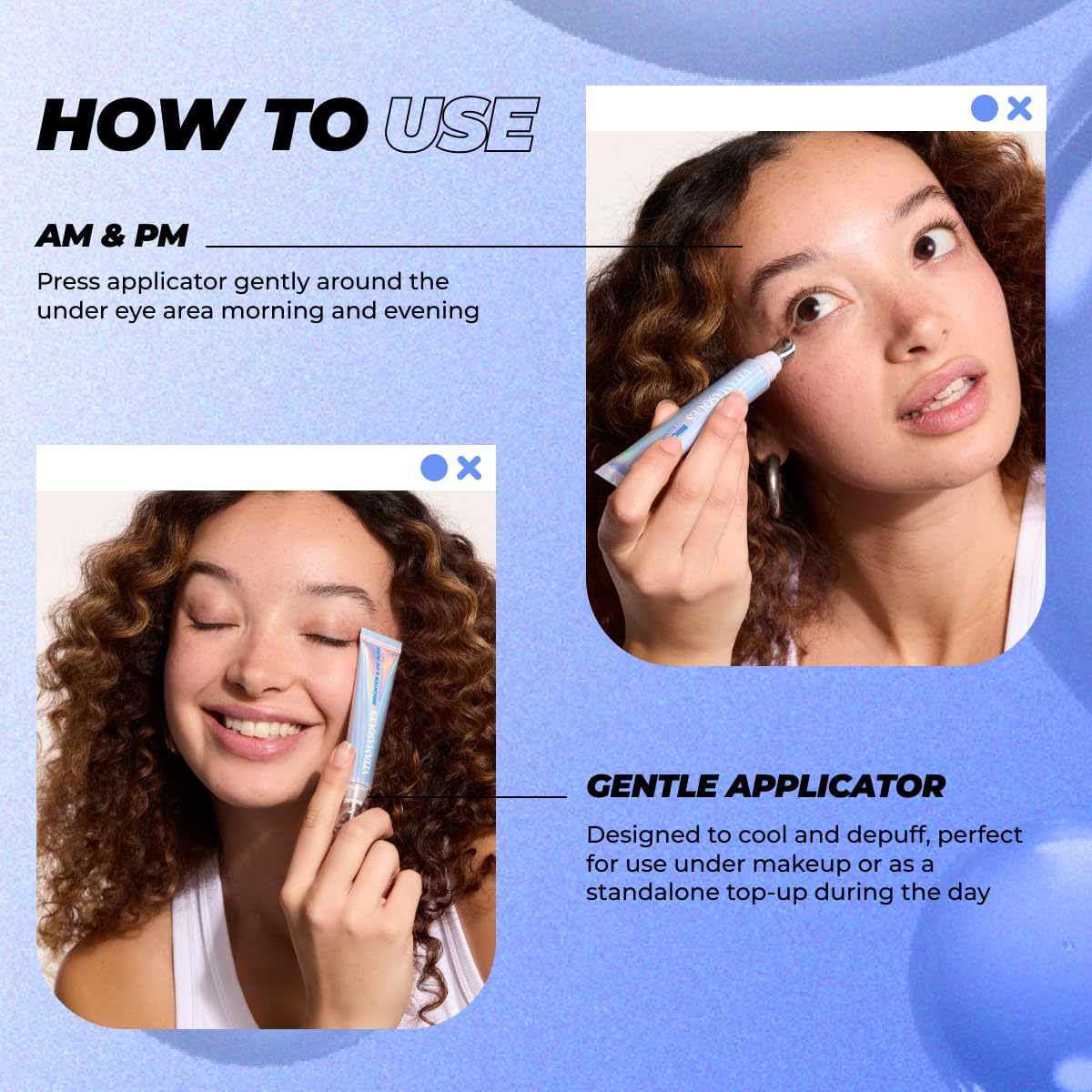 Vitamasques being applied under eye for depuffing and smoother makeup base