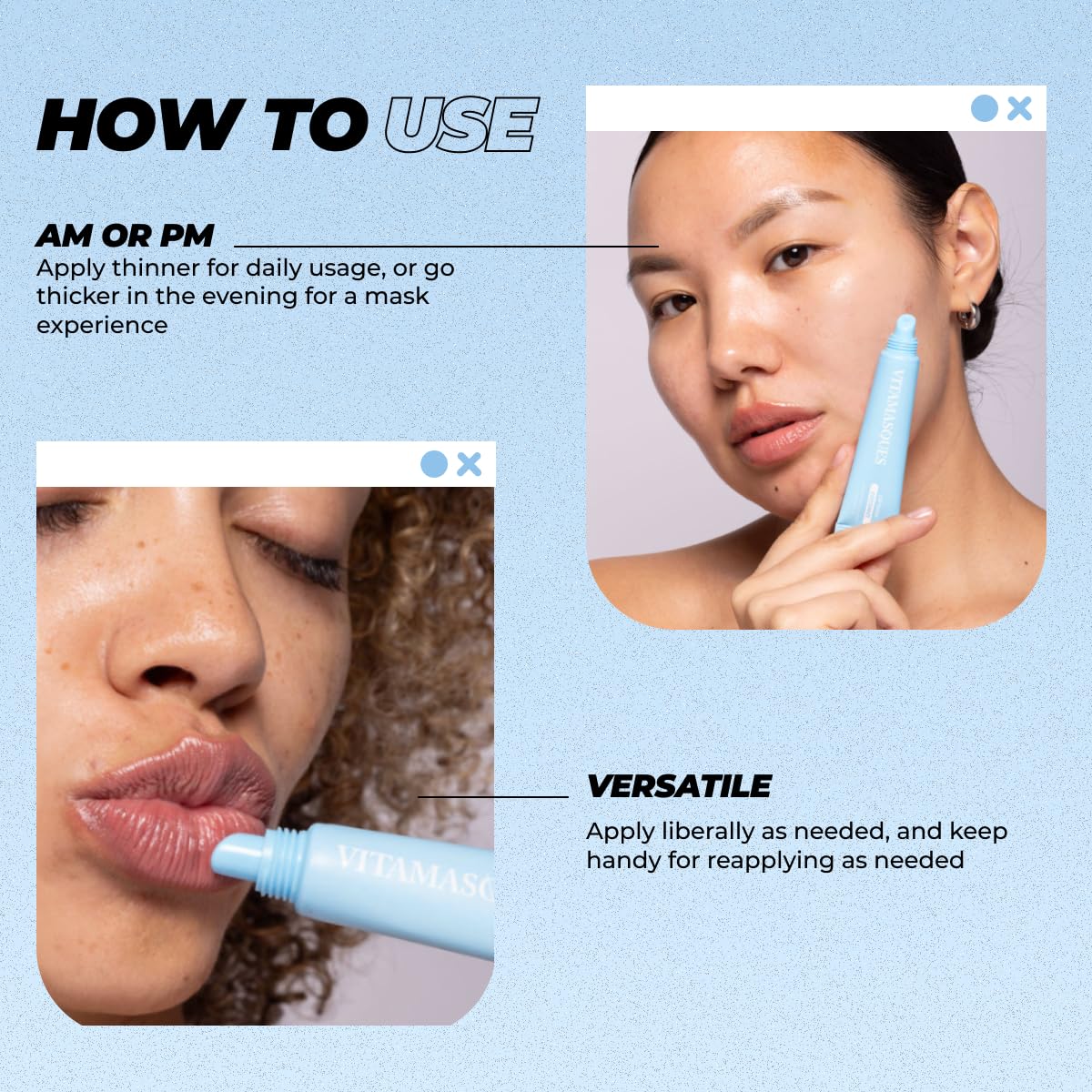 Vitamasques applied on lips demonstrating smooth, nourished lip finish