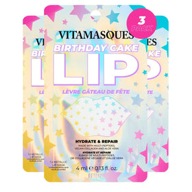 vitamasques front packaging showing three birthday cake lip masks and benefits