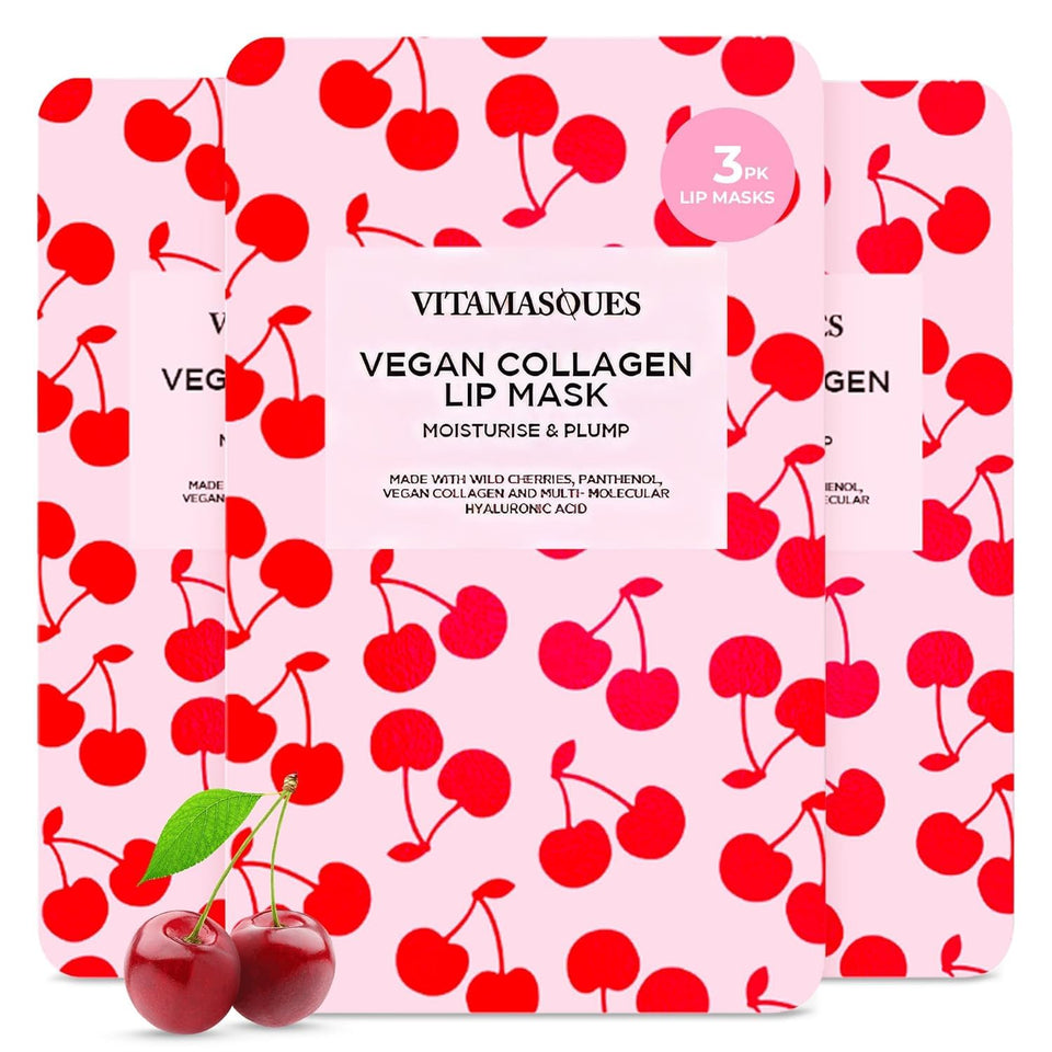 Vitamasques front packaging showing three cherry lip mask sachets and benefits