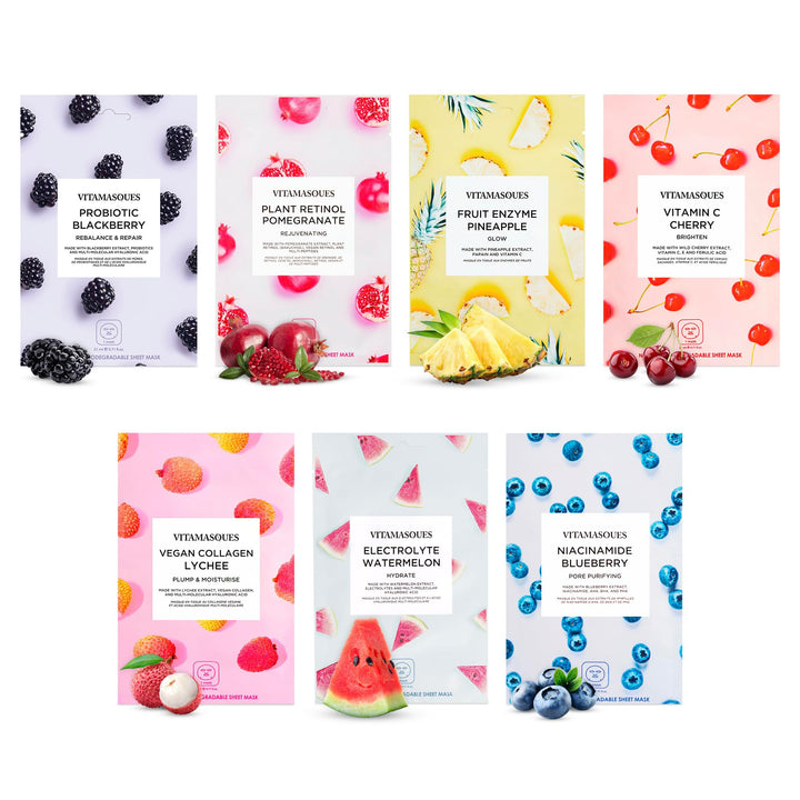 Vitamasques front pack view showing seven masks for easy selection and variety